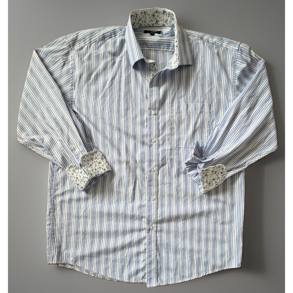 Bogari Long Sleeve Button Up Shirt Blue White Striped Floral Flip Cuff XL JBHS